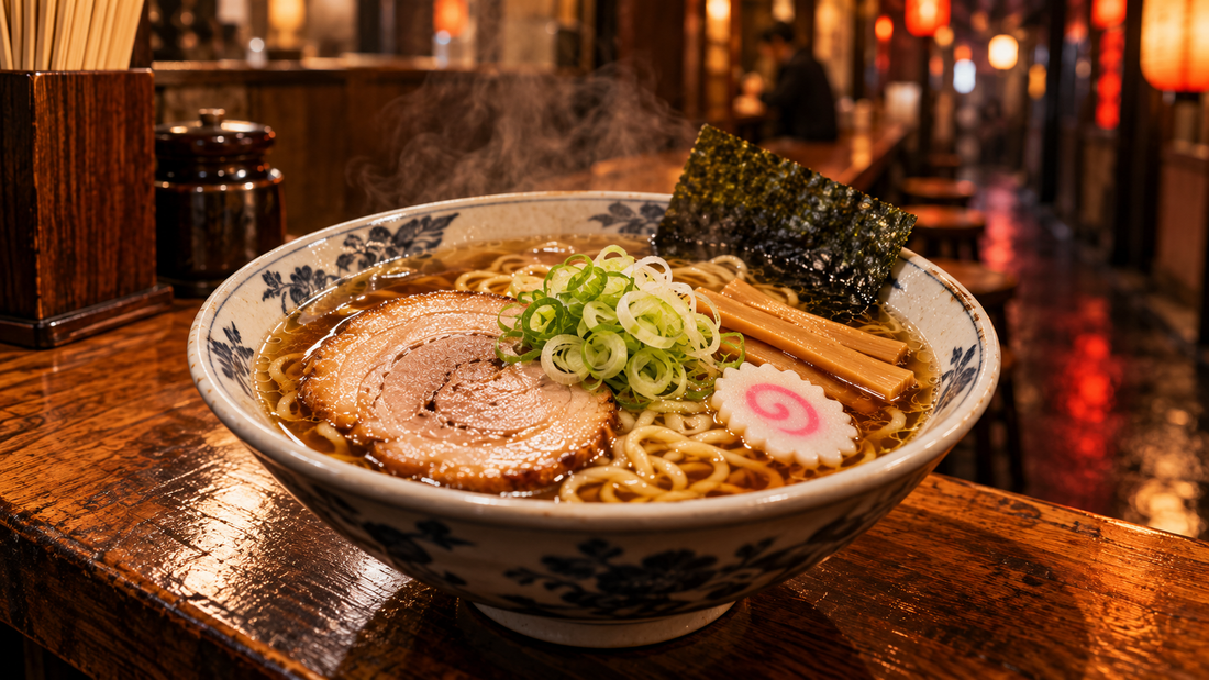 Classic Tokyo shoyu ramen with amber broth, chashu, menma and narutomaki