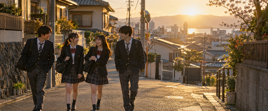 Friends walking through a Japanese neighborhood in the late afternoon