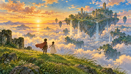 Original animated fantasy artwork of travelers beneath a floating island above clouds