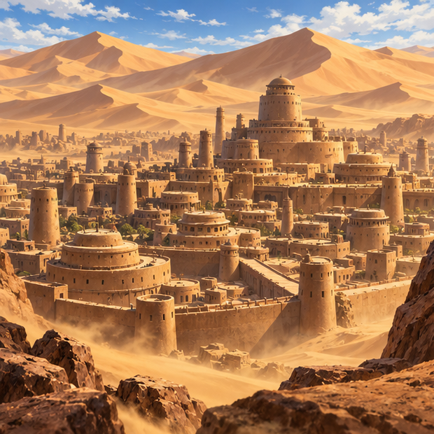 Sunagakure Hidden Sand village surrounded by desert dunes