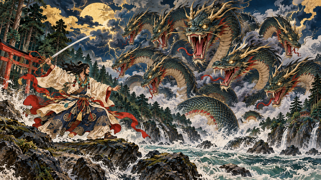 Susanoo confronts Yamata no Orochi at the Hii River in ancient Izumo
