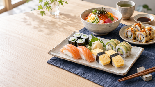 Sushi calorie guide featuring nigiri, maki, and chirashi