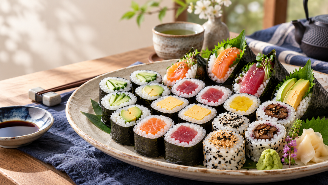 An assortment of sushi rolls showing colorful filling ideas