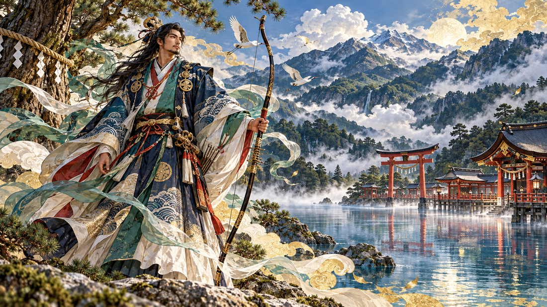 Takeminakata beside Lake Suwa with wind and clouds around a sacred shrine