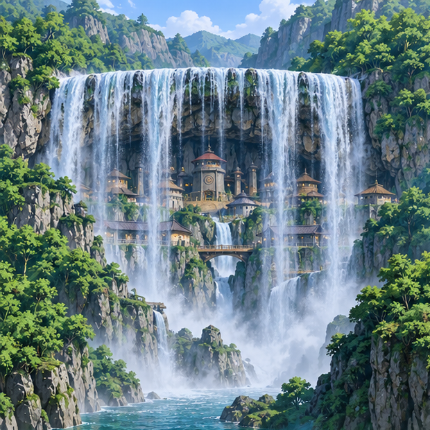 Takigakure Hidden Waterfall village behind a mountain cascade