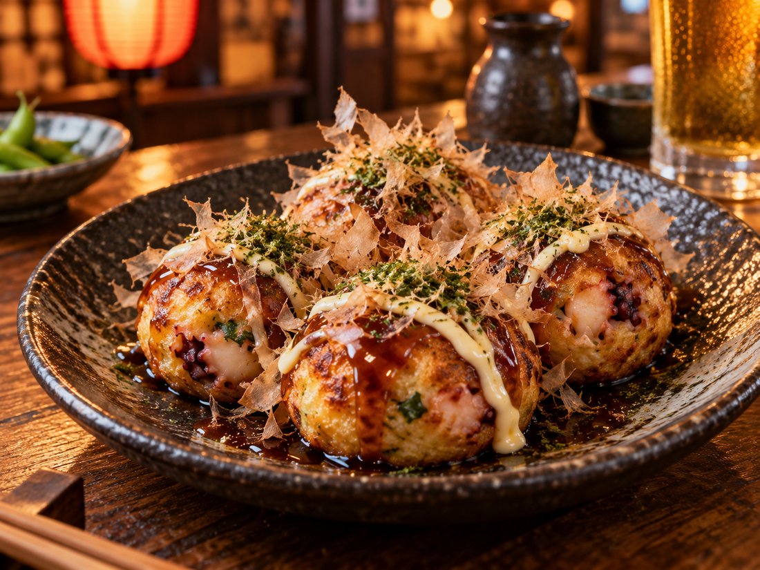 Classic Osaka-style takoyaki with bonito flakes and sauce
