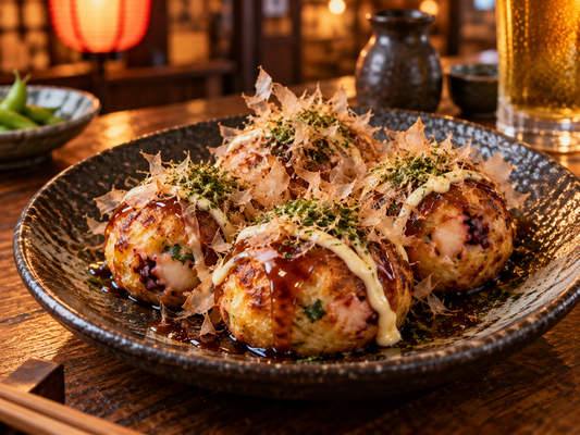 Classic Osaka-style takoyaki with bonito flakes and sauce