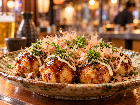 Fresh Osaka-style takoyaki topped with sauce, mayonnaise, aonori, and bonito flakes