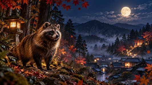 Tanuki at a moonlit mountain forest overlooking a Japanese village