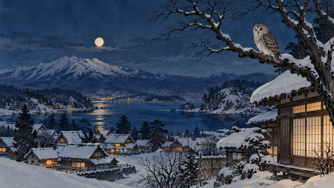 An owl overlooks a snowbound Aomori village in this artistic impression of Tatarimokke folklore