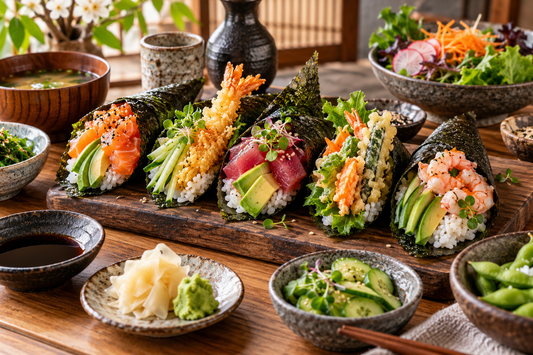 Colorful temaki sushi hand rolls filled with salmon, shrimp, avocado, cucumber and tempura