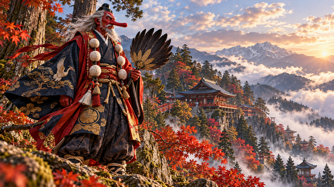 Long-nosed tengu with feather fan on a mountain ridge above a Japanese temple