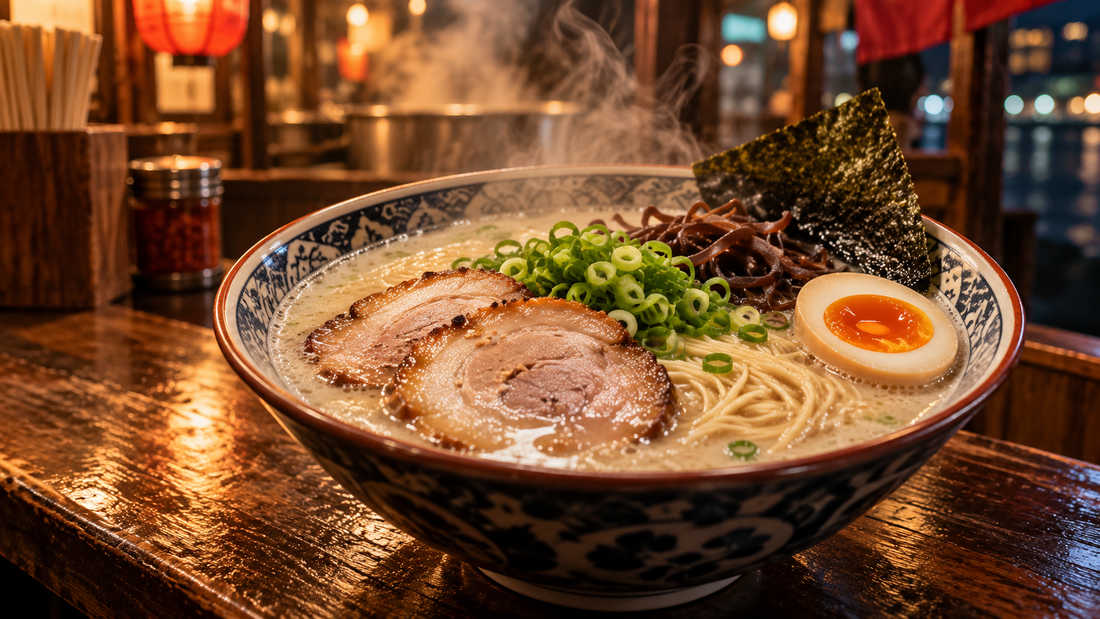 Steaming Hakata tonkotsu ramen with chashu, egg and scallions