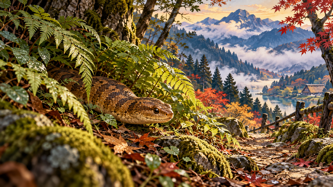 Elusive short-bodied Tsuchinoko serpent glimpsed beneath ferns on a Japanese mountain trail
