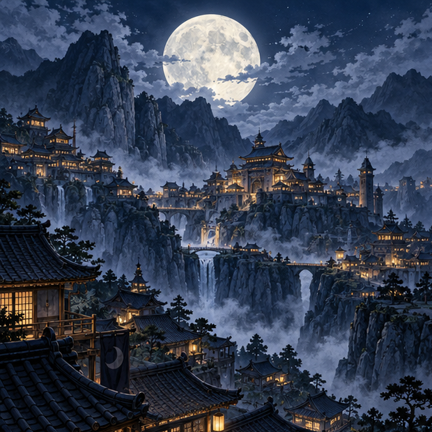 Tsukigakure, the Hidden Moon Village beneath the moonlit sky