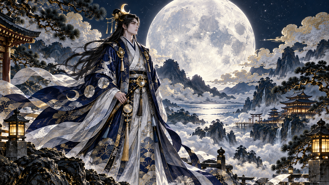 Tsukuyomi beneath a full moon over a celestial Japanese landscape