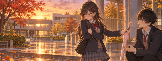 A flustered student quietly offers a classmate an umbrella in an autumn school courtyard.