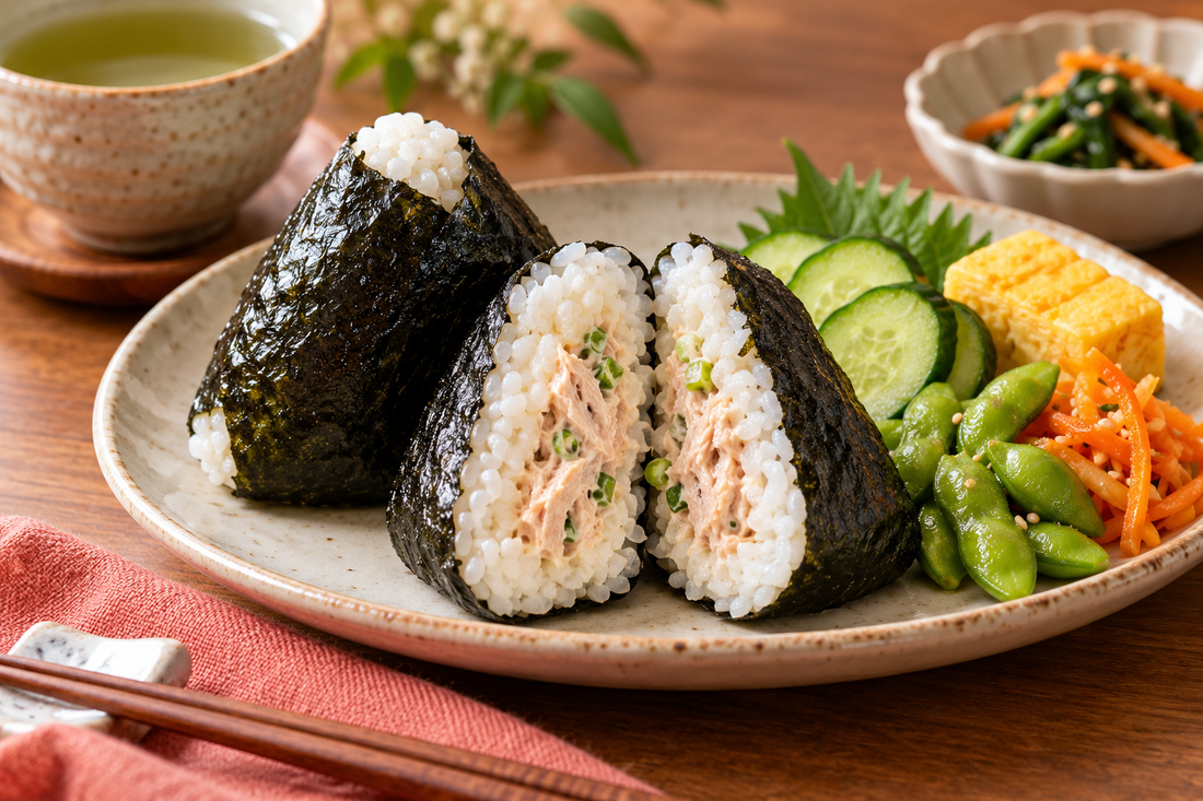 Tuna mayo onigiri split open with cucumber and edamame on a plate