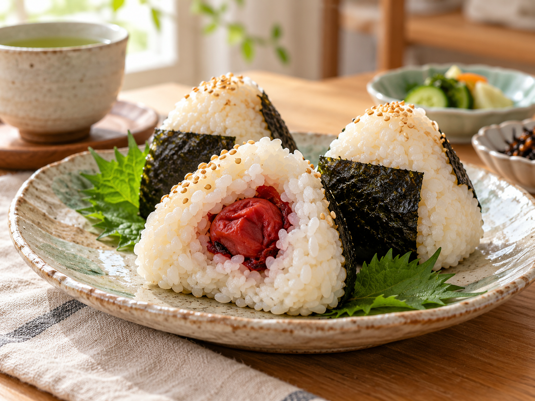 Umeboshi onigiri with a vivid red pickled plum center, nori, and shiso