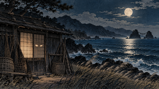 A night watchman's coastal shed with mysterious eyes at the window in an artistic impression of an Izumo tale