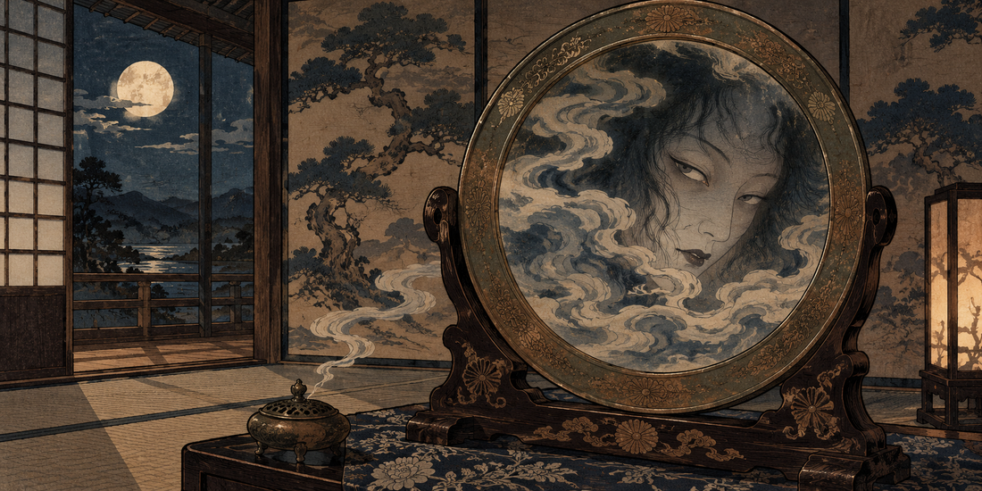 An ornate bronze mirror reflects a mysterious face among clouds in an Edo-period room
