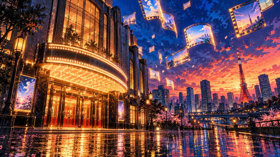 Original editorial illustration of an anime cinema under a vivid Tokyo night sky