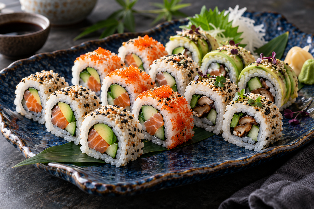 Assorted inside-out uramaki rolls with sesame, salmon, avocado, cucumber and shiitake