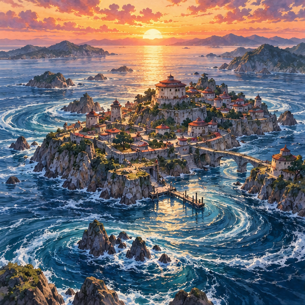 Uzushiogakure, the lost Whirlpool Village, on a coast surrounded by currents