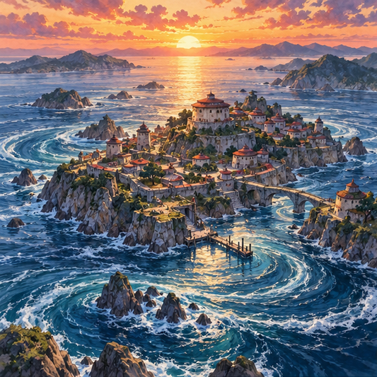 Uzushiogakure, the lost Whirlpool Village, on a coast surrounded by currents