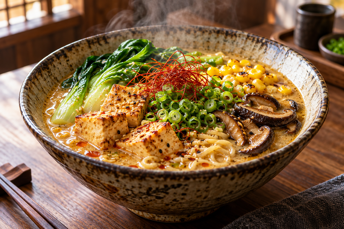 Vegan ramen with sesame miso broth, tofu, mushrooms, greens and corn