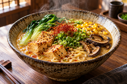 Vegan ramen with sesame miso broth, tofu, mushrooms, greens and corn