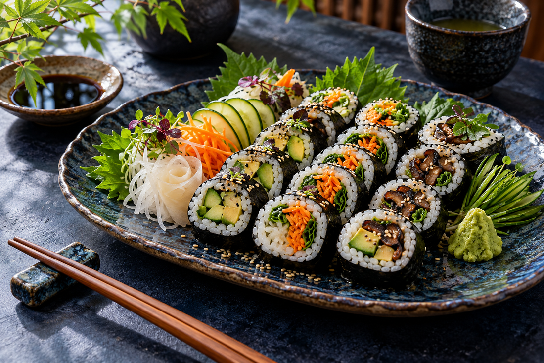 Colorful vegan sushi maki platter with avocado, cucumber, carrot, shiitake and pickled daikon