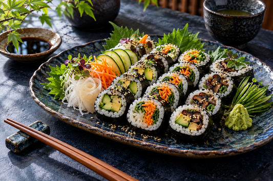Colorful vegan sushi maki platter with avocado, cucumber, carrot, shiitake and pickled daikon