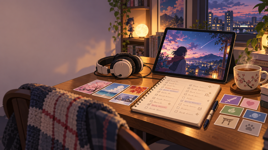 A cozy desk with a tablet, headphones, and an organized anime watchlist notebook
