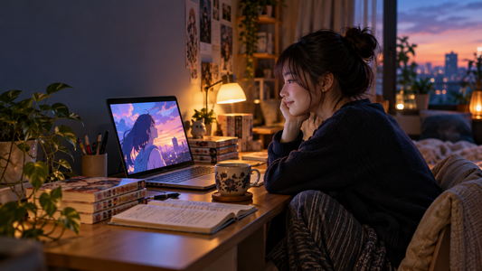 Anime fan watching a show and studying Japanese at home