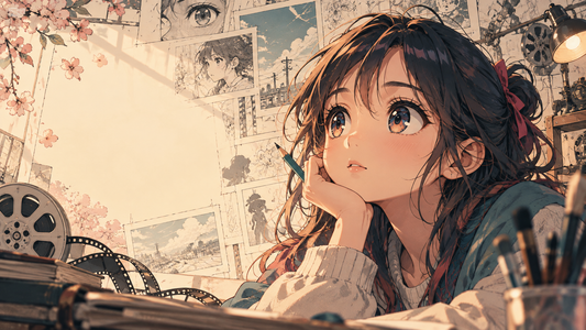 Anime-inspired portrait with expressive large eyes and a nostalgic animation studio background