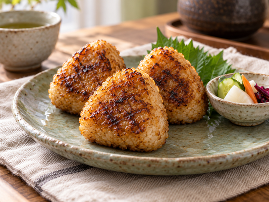 Golden soy-glazed yaki onigiri with crisp grill marks served on a celadon plate