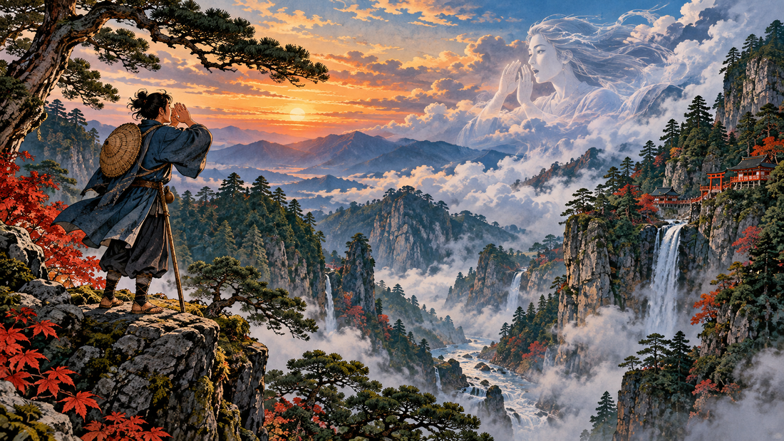 A traveler calls across a Japanese mountain gorge as Yamabiko answers through mist