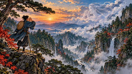 A traveler calls across a Japanese mountain gorge as Yamabiko answers through mist