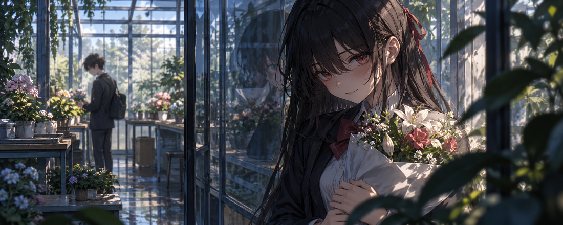 A fictional anime character holds a bouquet in a greenhouse, with a distant classmate reflected in the glass.