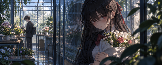 A fictional anime character holds a bouquet in a greenhouse, with a distant classmate reflected in the glass.