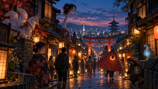 Yōkai walking through a lantern-lit Japanese city at dusk