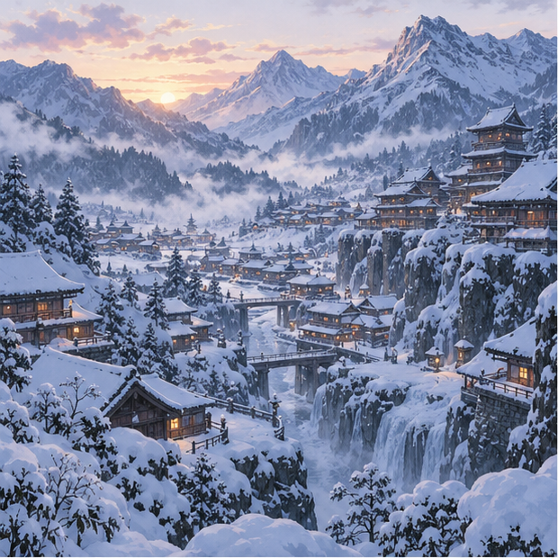 Yukigakure, the Hidden Snow Village, nestled beneath snow-laden peaks