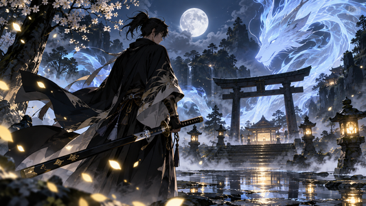 Original swordsman faces a luminous spirit at a moonlit shrine