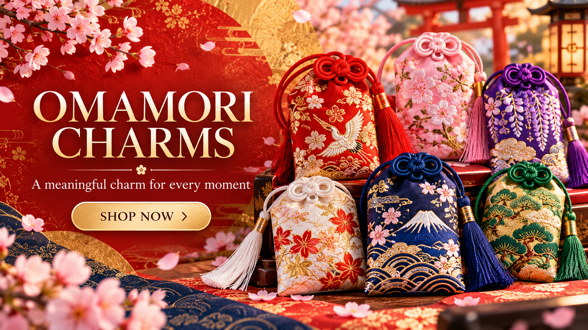 Vibrant Omamori Charms collection banner with embroidered amulets and Shop Now button