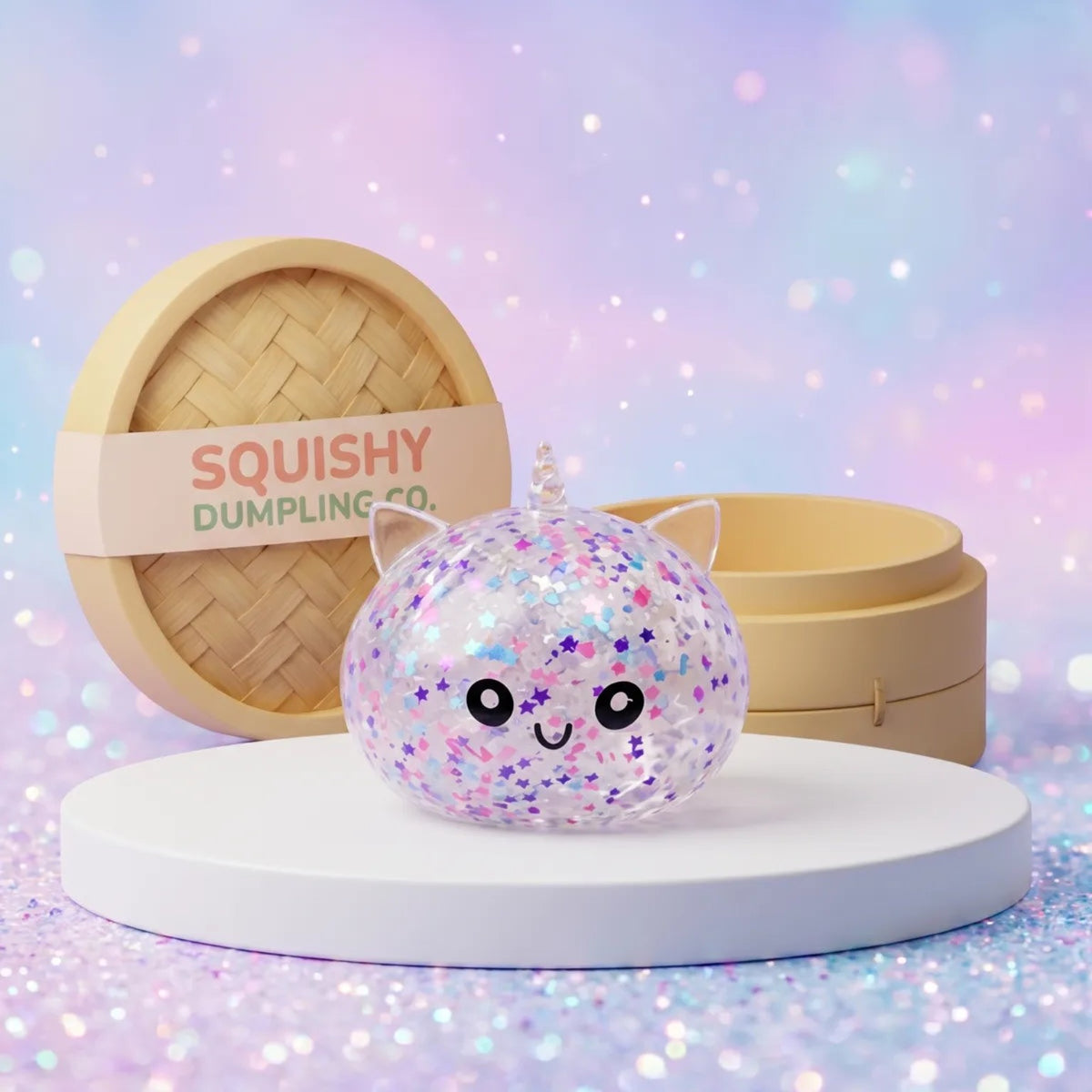 Stardust Unicorn Sparkle dumpling squishy on pastel display beside bamboo-style case
