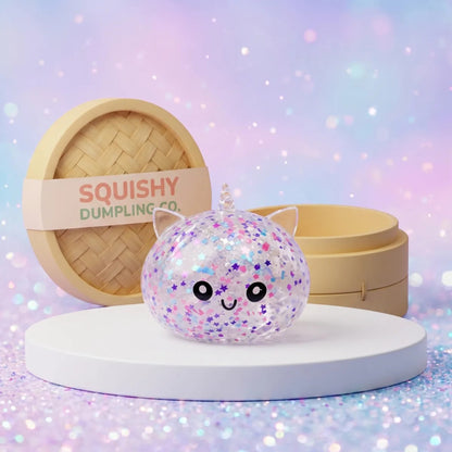 Stardust Unicorn Sparkle dumpling squishy on pastel display beside bamboo-style case