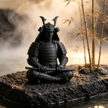 Zen sitting samurai figure with bamboo at sunset