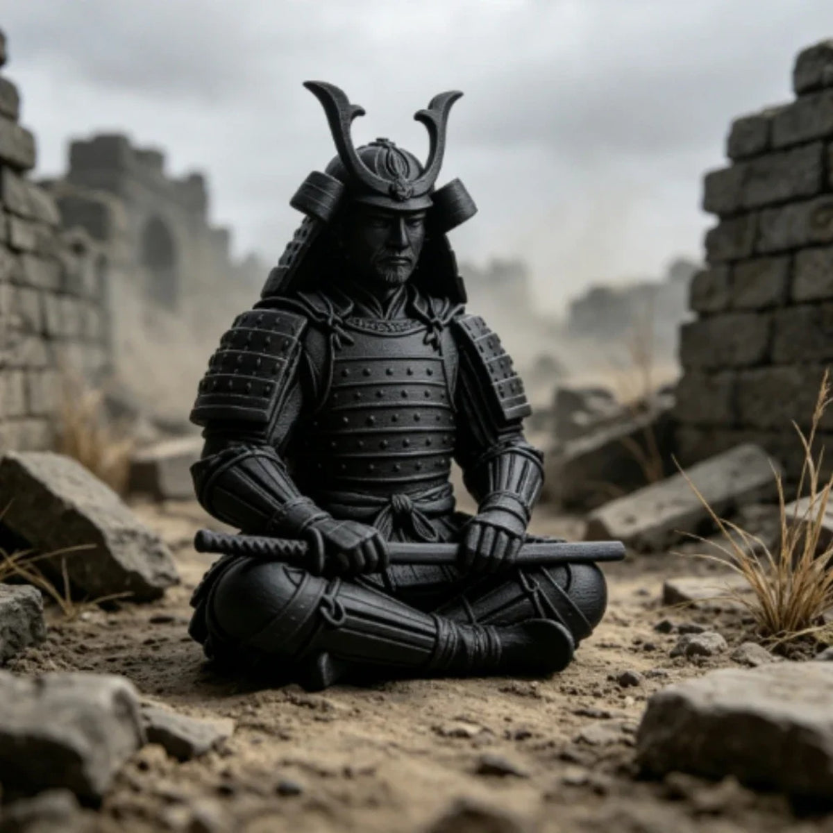 Zen sitting samurai figure on a moss garden stone