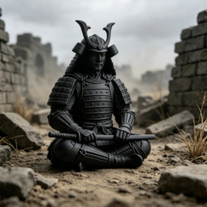 Zen sitting samurai figure on a moss garden stone